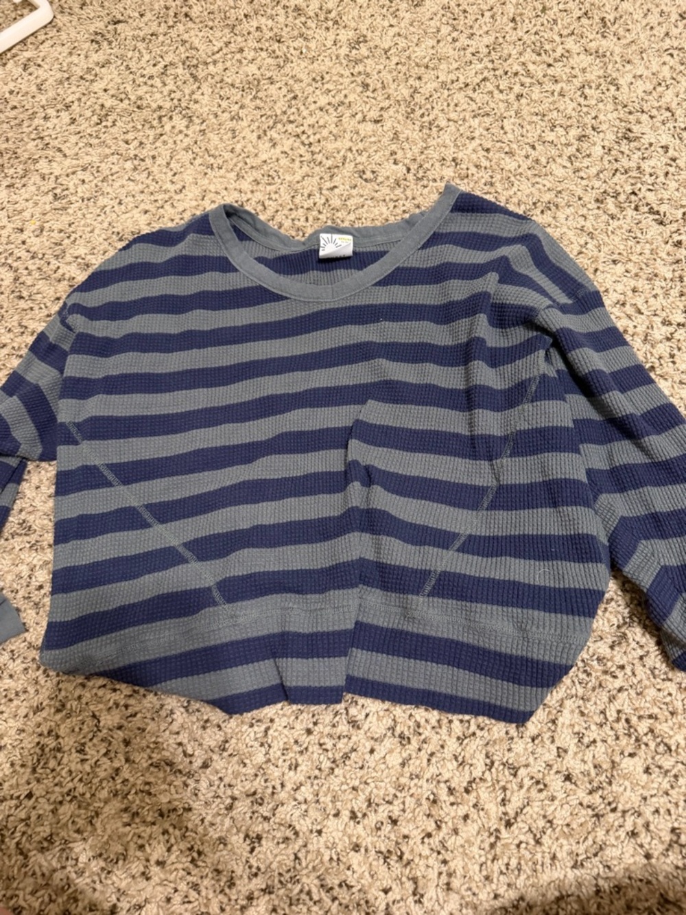 aerie Blue and Gray Striped Waffle-Knit Cropped Sweatshirt